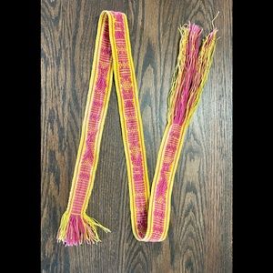 Vintage 70s Hand Woven Oaxacan Ceremonial Sash Belt / Hat band yellow & Pink
